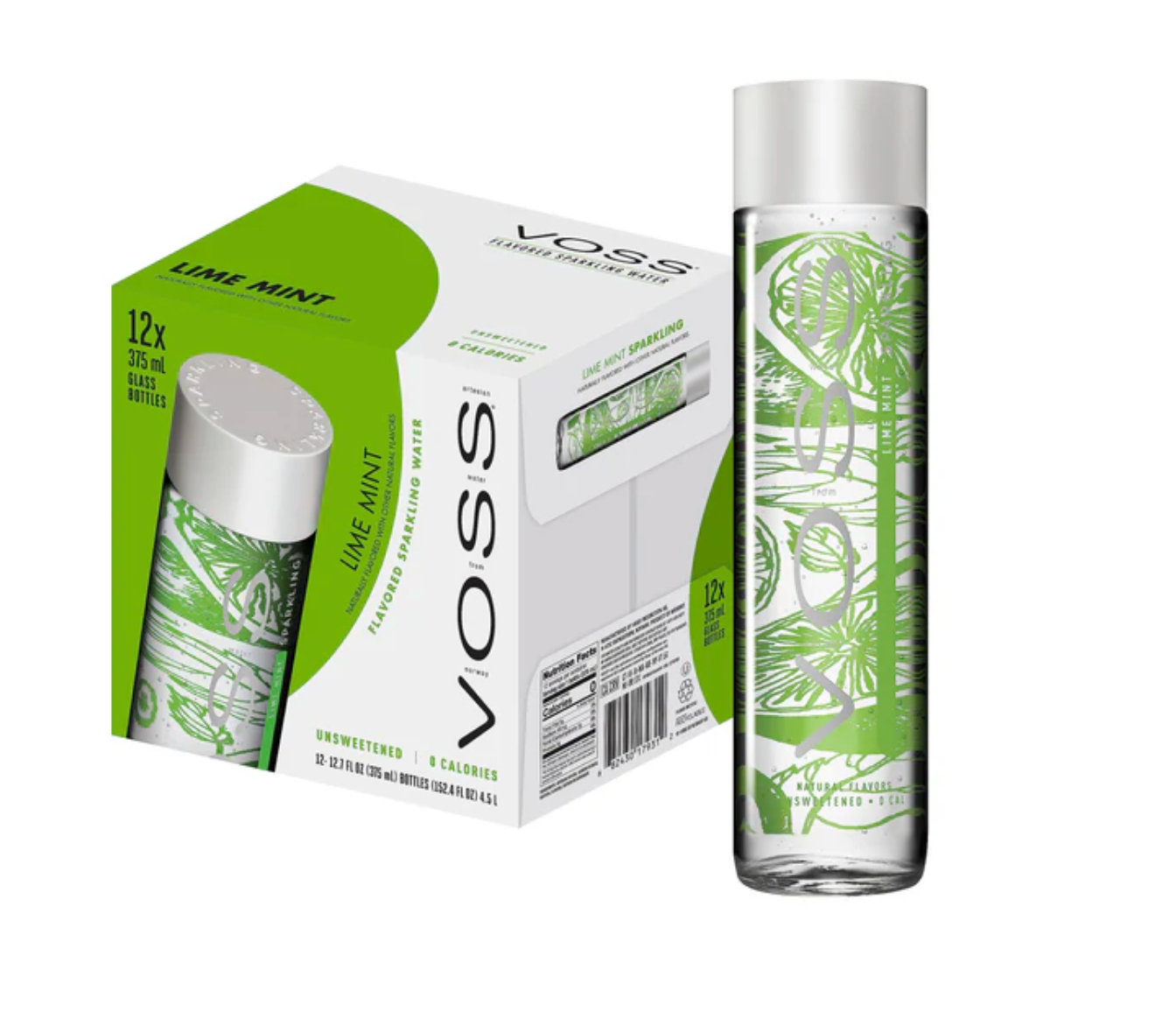 Voss Flavored Sparkling Water -Lime and Mint 375ml x 12 Box Glass Bottle